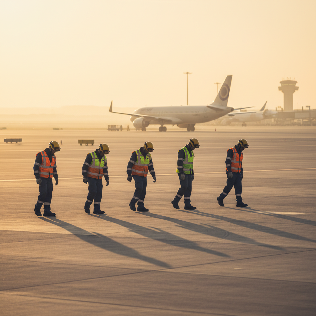 Airport ground crew in high-visibility vests performing a FOD walk across the tarmac at dawn