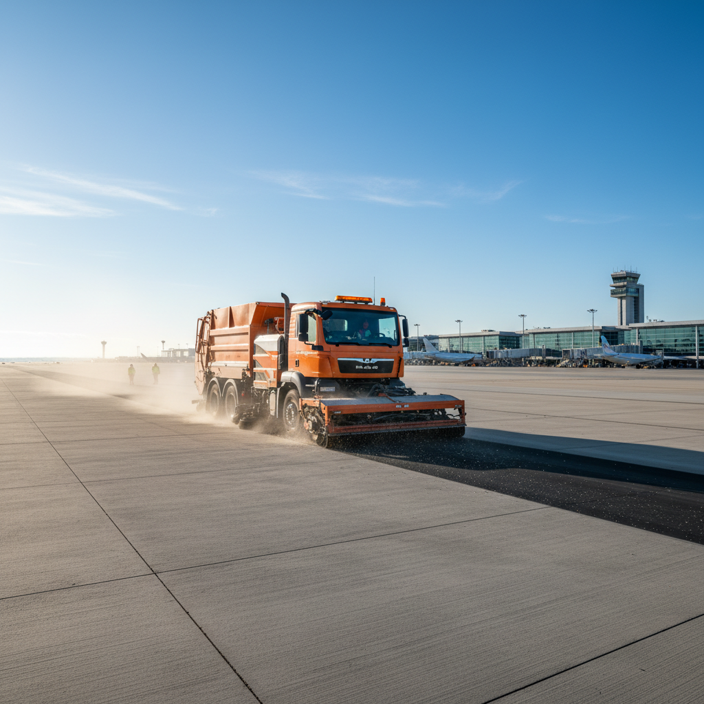 Industrial runway sweeper vehicle collecting debris from an airport taxiway surface during morning operations